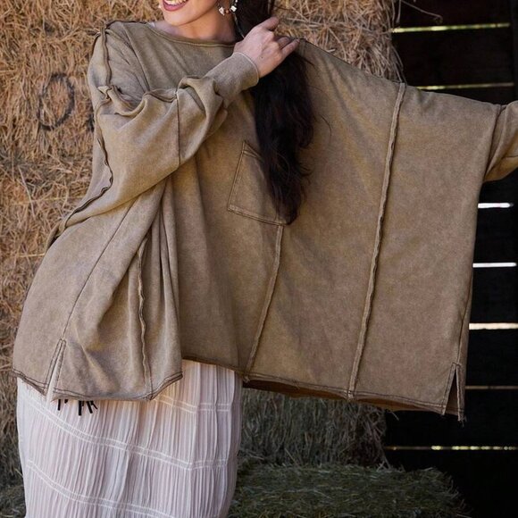 Freevana Boho Batwing Sleeve Oversized French Terry Top - Picture 1 of 3